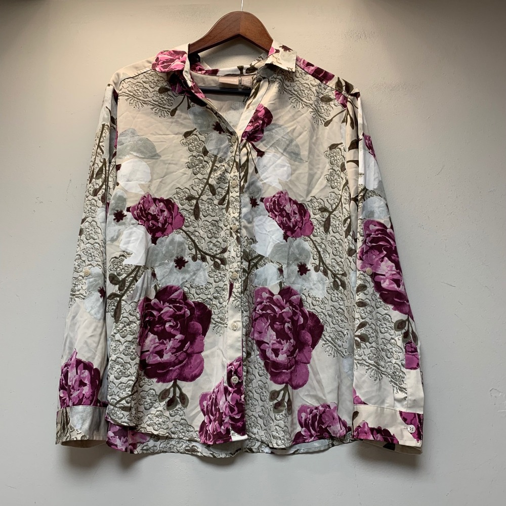 Chico's Blouse Women 3 Purple Floral Lace Print Excellent Roll Tab Button Up